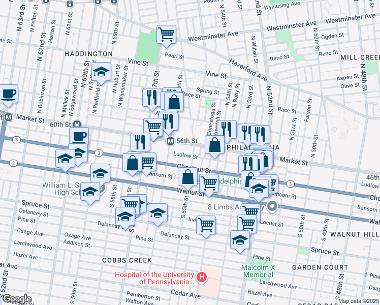 map of restaurants, bars, coffee shops, grocery stores, and more near 26 South 55th Street in Philadelphia