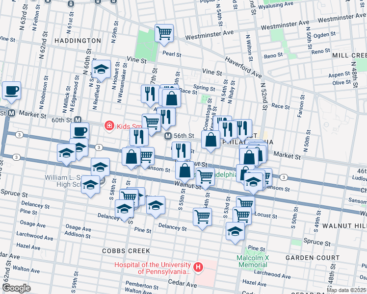 map of restaurants, bars, coffee shops, grocery stores, and more near 26 South 55th Street in Philadelphia