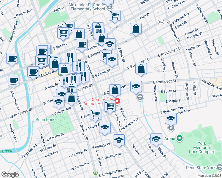 map of restaurants, bars, coffee shops, grocery stores, and more near 243 East College Avenue in York