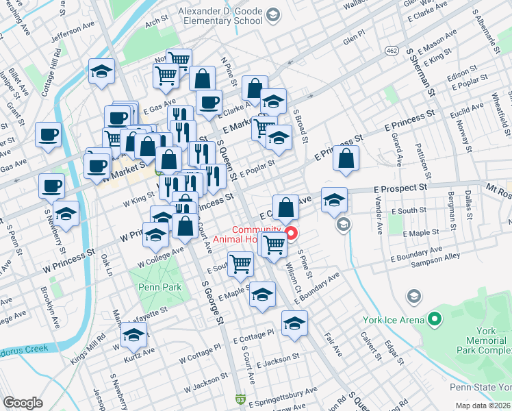 map of restaurants, bars, coffee shops, grocery stores, and more near 236 Pennsylvania 74 in York