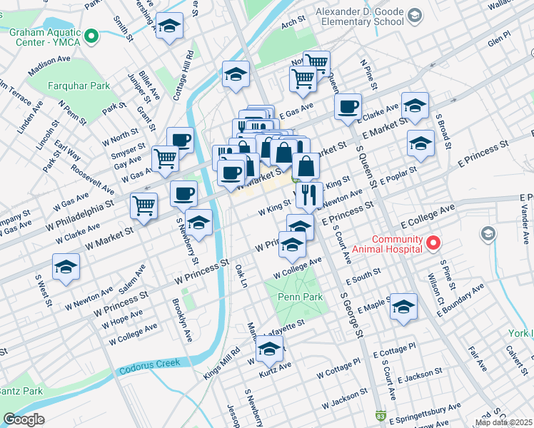 map of restaurants, bars, coffee shops, grocery stores, and more near 114 West King Street in York