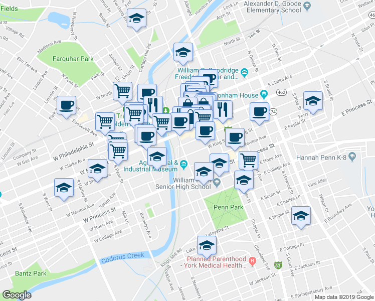 map of restaurants, bars, coffee shops, grocery stores, and more near 54 South Pershing Avenue in York