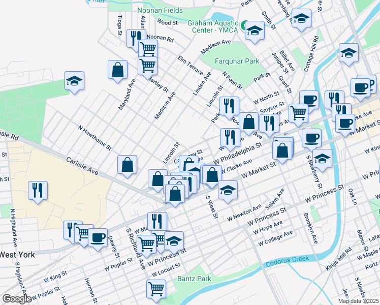 map of restaurants, bars, coffee shops, grocery stores, and more near 600 Company Street in York
