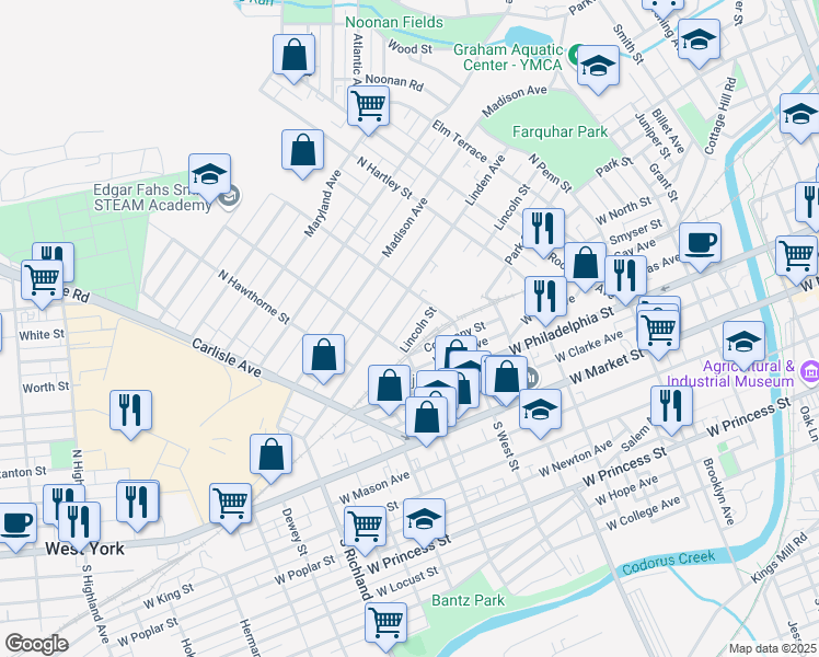 map of restaurants, bars, coffee shops, grocery stores, and more near 654 Lincoln Street in York