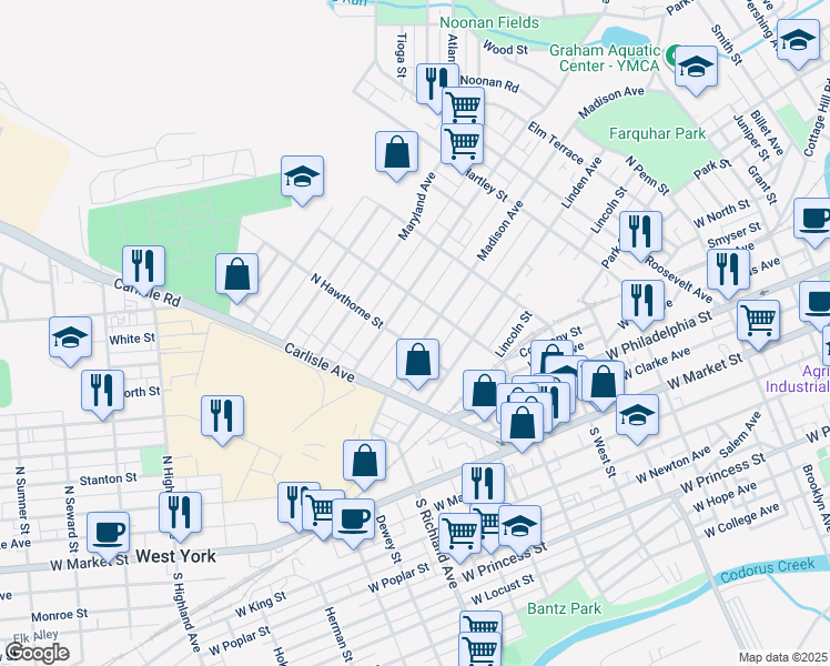 map of restaurants, bars, coffee shops, grocery stores, and more near 422 North Hawthorne Street in York