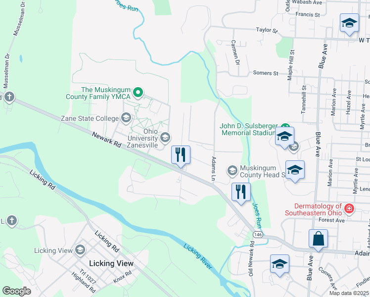 map of restaurants, bars, coffee shops, grocery stores, and more near 1609 Doaks Lane in Zanesville