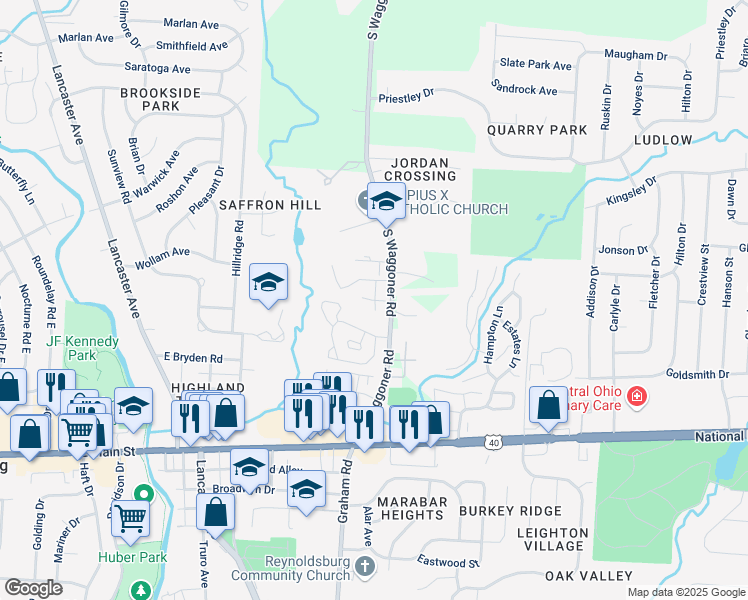 map of restaurants, bars, coffee shops, grocery stores, and more near 7656 Springrun Court in Reynoldsburg