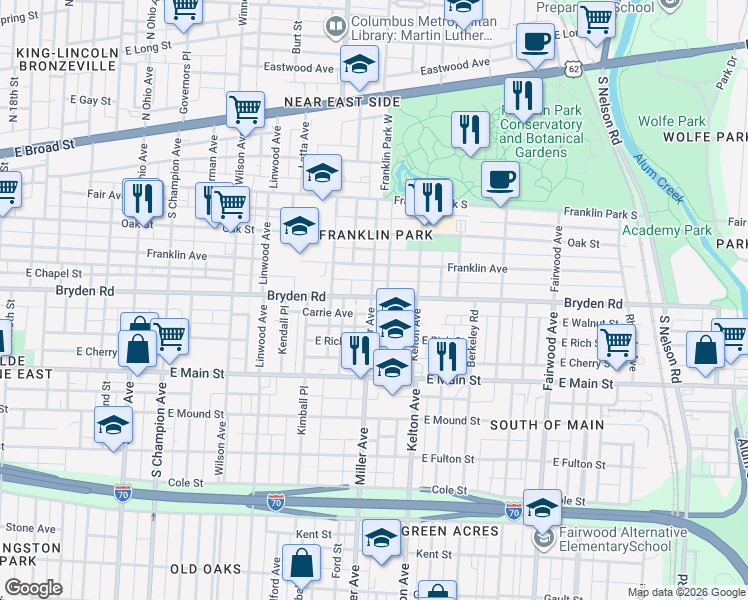 map of restaurants, bars, coffee shops, grocery stores, and more near 1459 Bryden Road in Columbus
