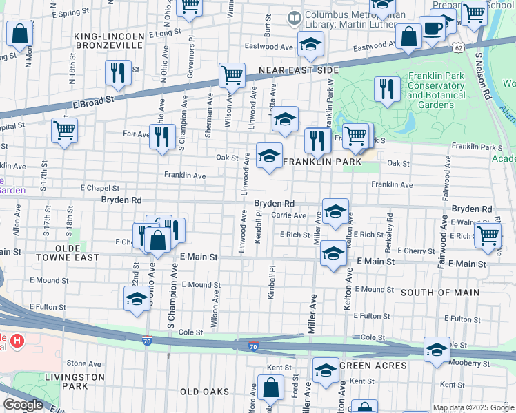 map of restaurants, bars, coffee shops, grocery stores, and more near 300 Linwood Avenue in Columbus