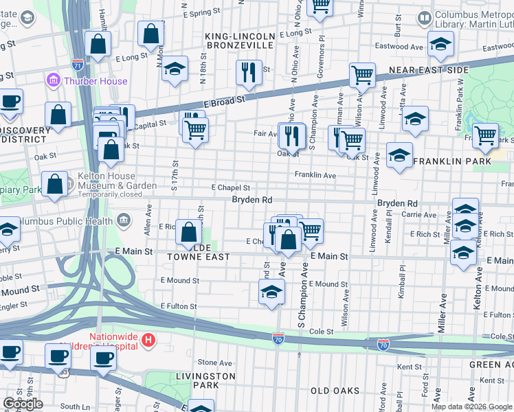 map of restaurants, bars, coffee shops, grocery stores, and more near 254 South 21st Street in Columbus