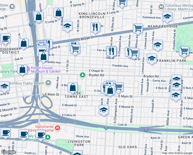 map of restaurants, bars, coffee shops, grocery stores, and more near 254 South 21st Street in Columbus