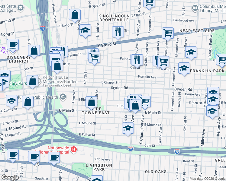 map of restaurants, bars, coffee shops, grocery stores, and more near 255 South 20th Street in Columbus