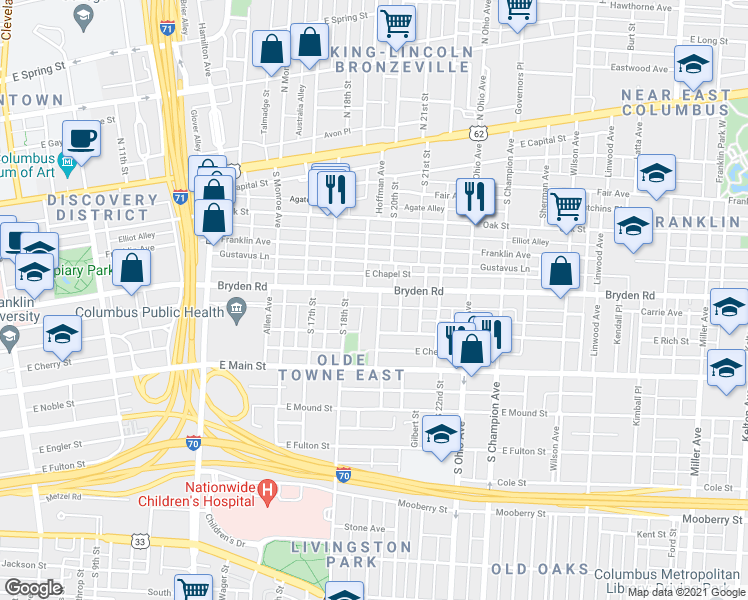 map of restaurants, bars, coffee shops, grocery stores, and more near 255 South 20th Street in Columbus