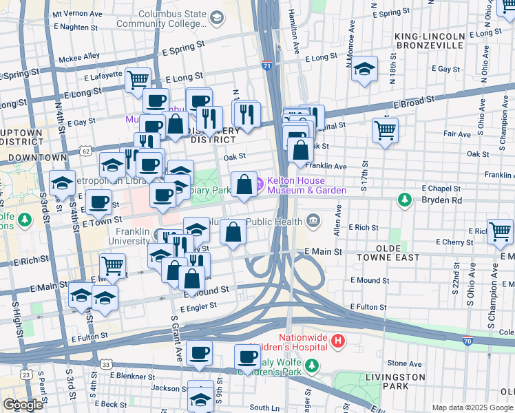map of restaurants, bars, coffee shops, grocery stores, and more near 571 East Walnut Street in Columbus