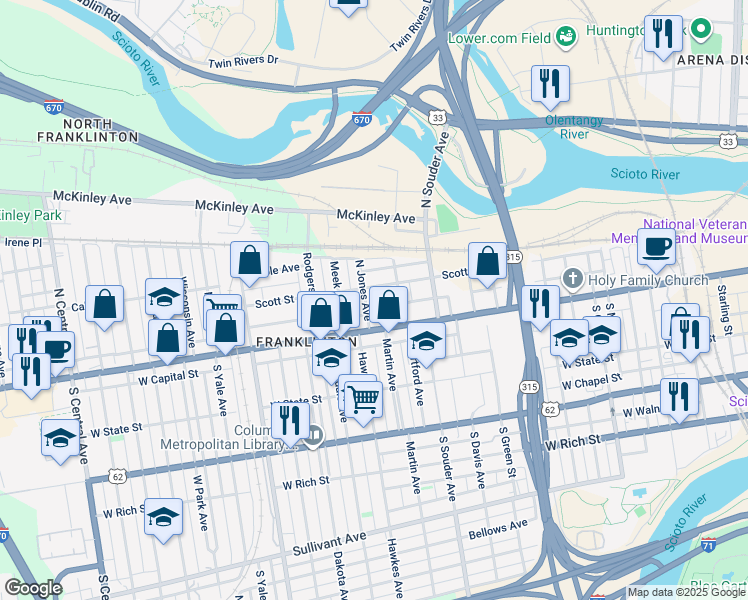 map of restaurants, bars, coffee shops, grocery stores, and more near 900 West Broad Street in Columbus