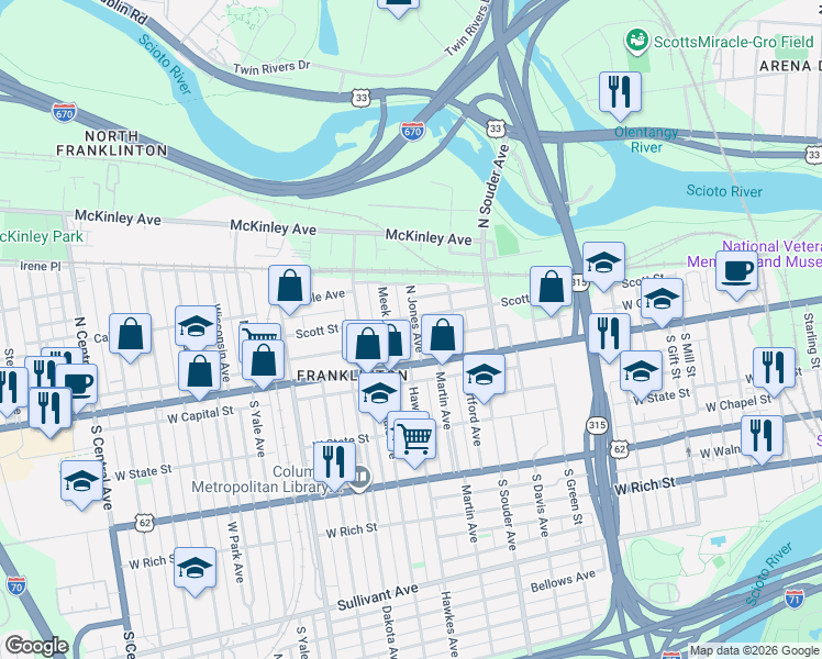 map of restaurants, bars, coffee shops, grocery stores, and more near 40 Meek Avenue in Columbus