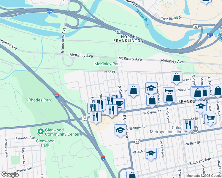 map of restaurants, bars, coffee shops, grocery stores, and more near 112 North Guilford Avenue in Columbus