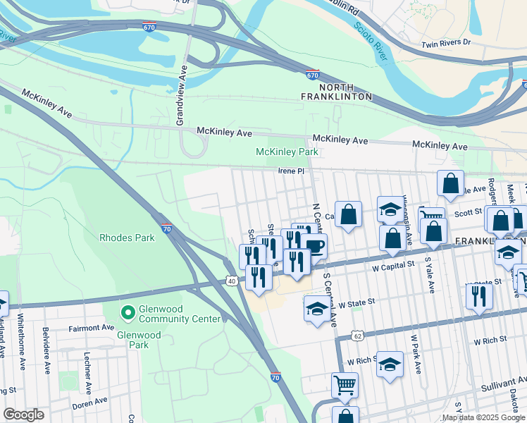 map of restaurants, bars, coffee shops, grocery stores, and more near 126 Stevens Avenue in Columbus