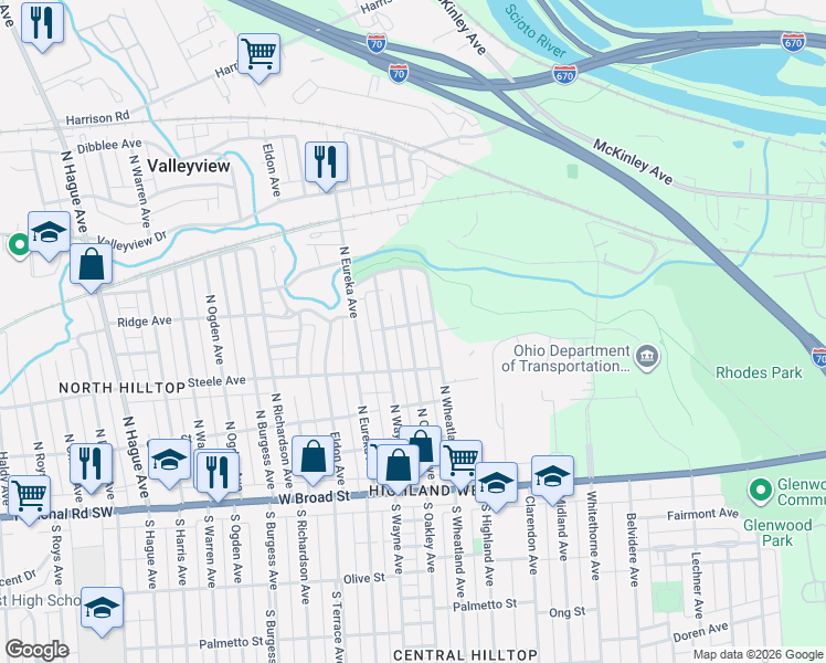 map of restaurants, bars, coffee shops, grocery stores, and more near 217 North Oakley Avenue in Columbus