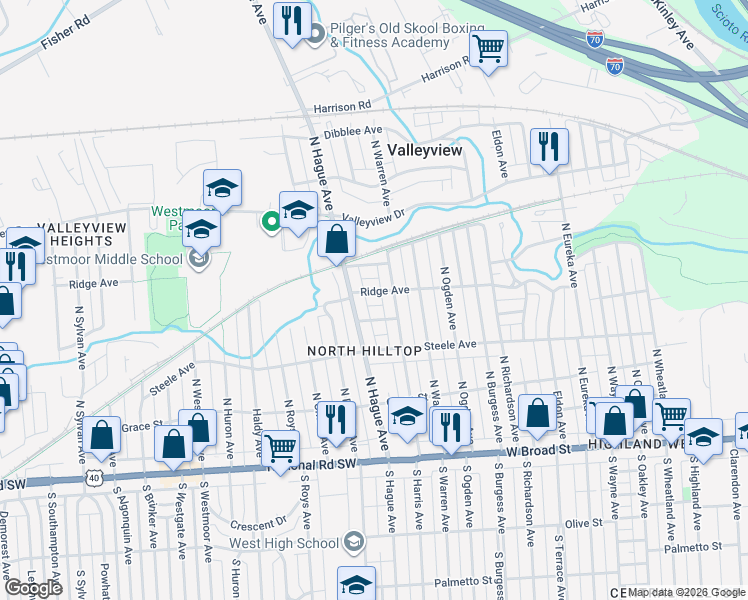 map of restaurants, bars, coffee shops, grocery stores, and more near 2735 Ridge Avenue in Columbus