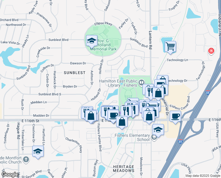map of restaurants, bars, coffee shops, grocery stores, and more near 11757 Garden Circle East in Fishers