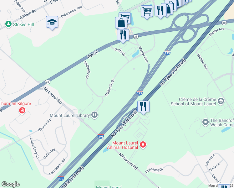 map of restaurants, bars, coffee shops, grocery stores, and more near 10000 Midlantic Drive in Mount Laurel