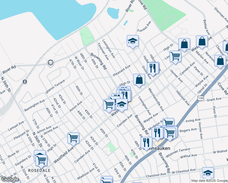 map of restaurants, bars, coffee shops, grocery stores, and more near 1925 Browning Road in Pennsauken Township