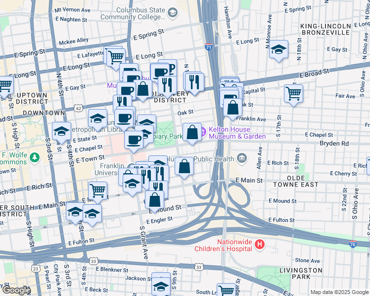 map of restaurants, bars, coffee shops, grocery stores, and more near 529 East Town Street in Columbus