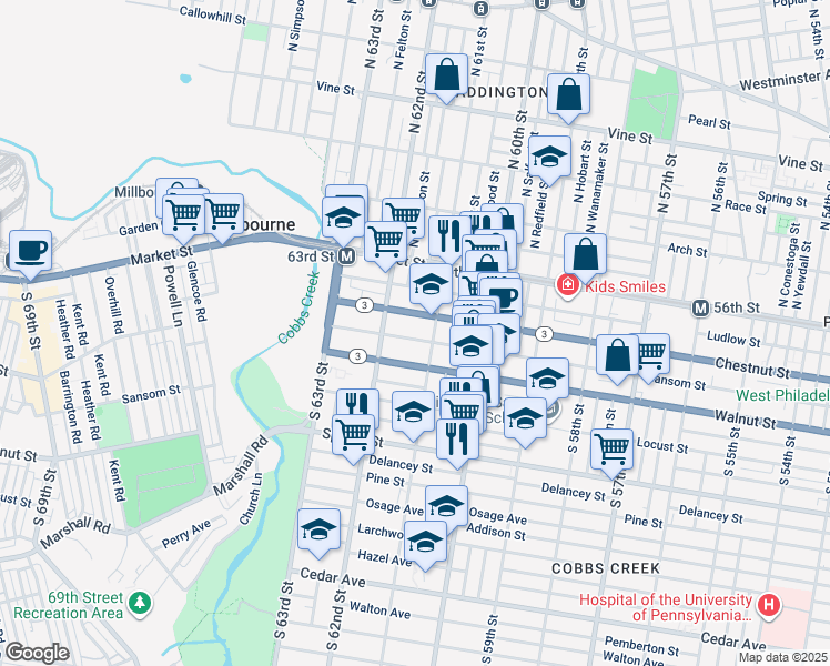 map of restaurants, bars, coffee shops, grocery stores, and more near 6119 Sansom Street in Philadelphia