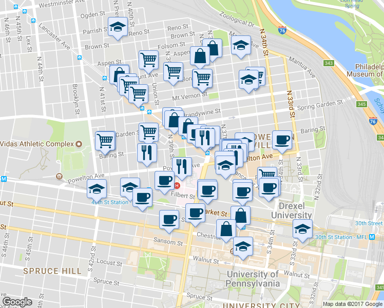 map of restaurants, bars, coffee shops, grocery stores, and more near 3837 Pearl Street in Philadelphia