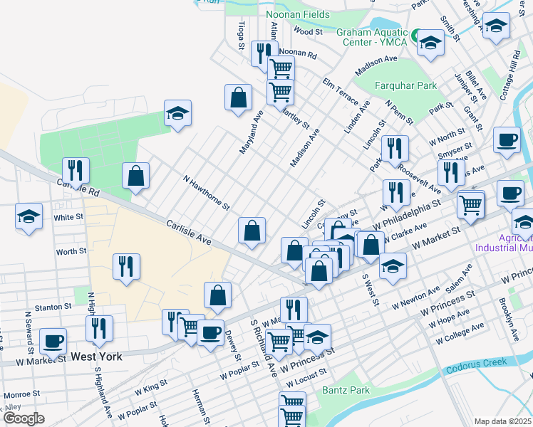 map of restaurants, bars, coffee shops, grocery stores, and more near 716 Madison Avenue in York