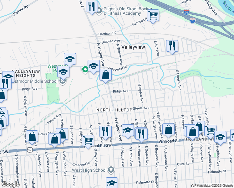 map of restaurants, bars, coffee shops, grocery stores, and more near 2735 Ridge Avenue in Columbus