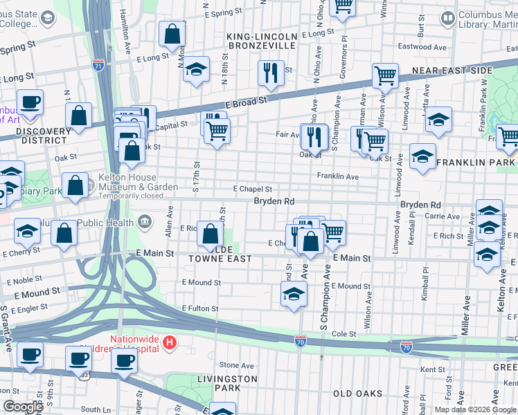 map of restaurants, bars, coffee shops, grocery stores, and more near 255 South 20th Street in Columbus