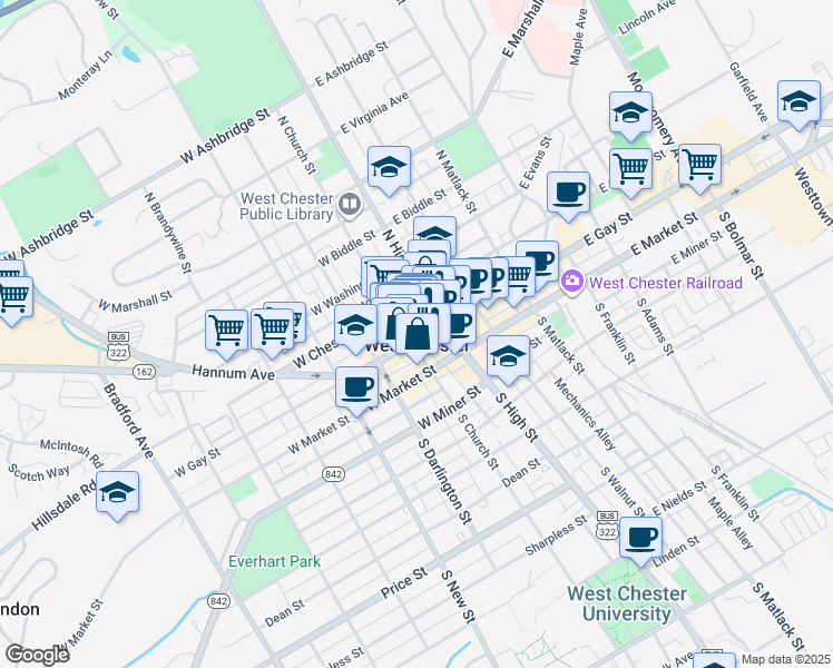map of restaurants, bars, coffee shops, grocery stores, and more near in West Chester