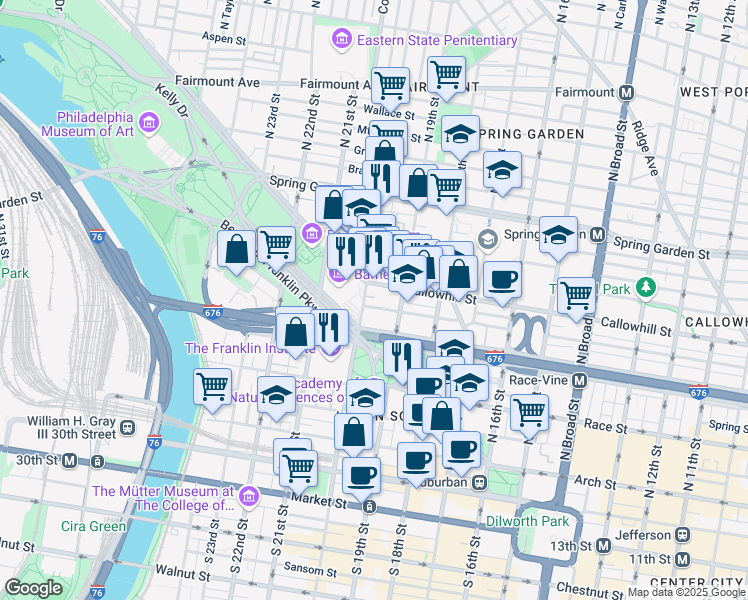 map of restaurants, bars, coffee shops, grocery stores, and more near 315 North 20th Street in Philadelphia
