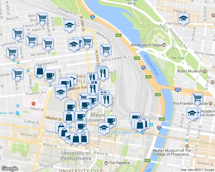 map of restaurants, bars, coffee shops, grocery stores, and more near 3224 Powelton Avenue in Philadelphia