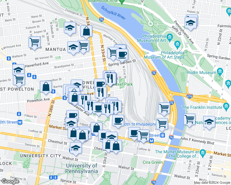 map of restaurants, bars, coffee shops, grocery stores, and more near 3224 Powelton Avenue in Philadelphia