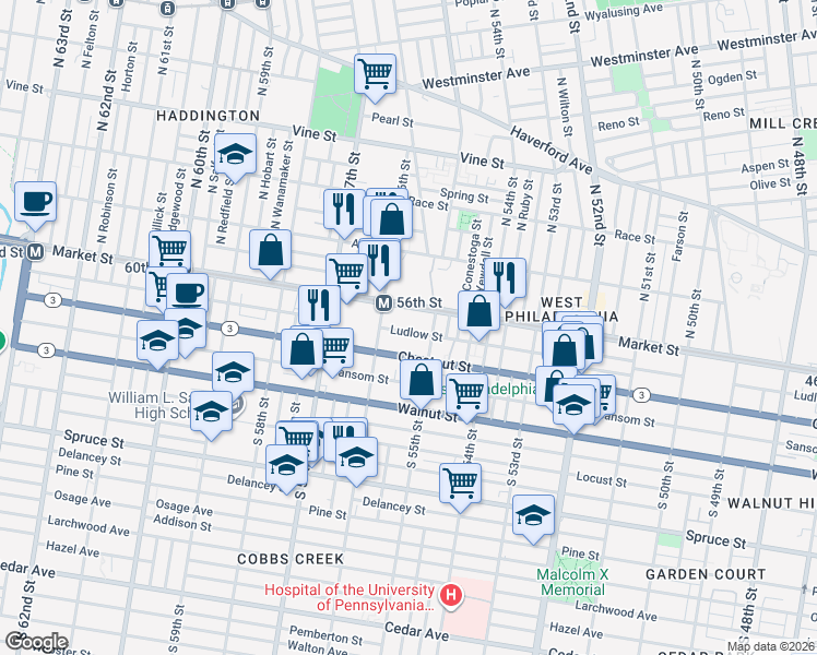 map of restaurants, bars, coffee shops, grocery stores, and more near 5560 Ludlow Street in Philadelphia
