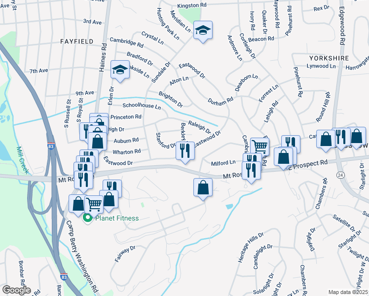 map of restaurants, bars, coffee shops, grocery stores, and more near 2575 Eastwood Drive in East York