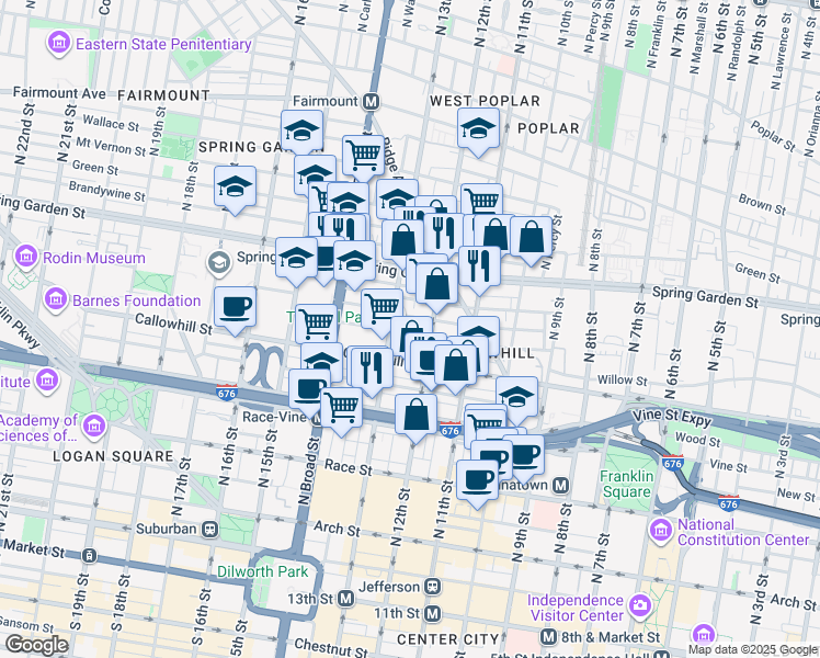 map of restaurants, bars, coffee shops, grocery stores, and more near 1219 Noble Street in Philadelphia