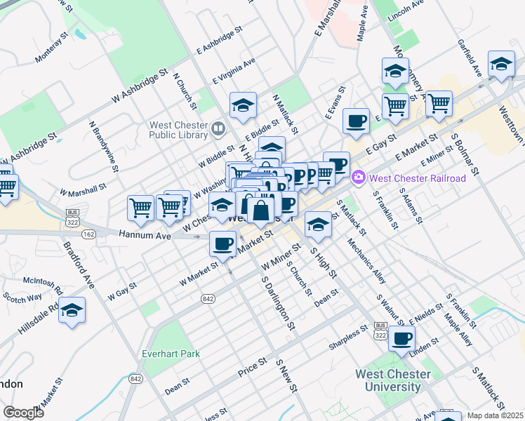 map of restaurants, bars, coffee shops, grocery stores, and more near in West Chester
