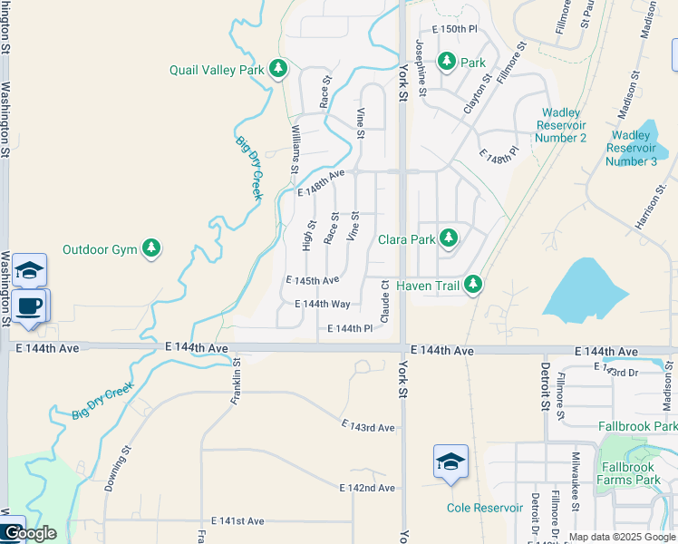 map of restaurants, bars, coffee shops, grocery stores, and more near 14527 Vine Street in Thornton