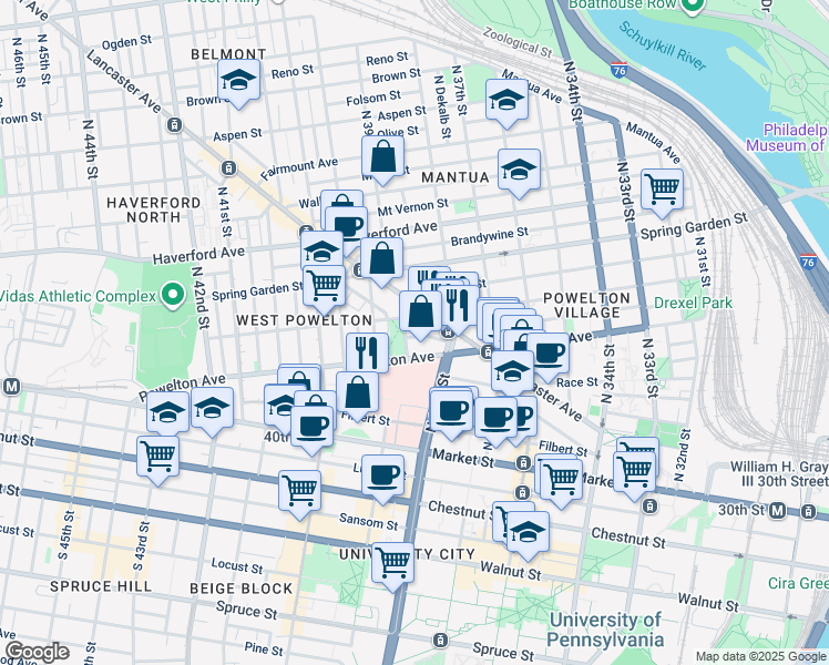 map of restaurants, bars, coffee shops, grocery stores, and more near 3839 Pearl Street in Philadelphia