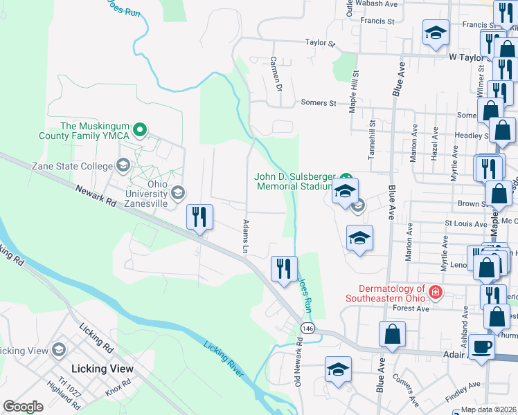 map of restaurants, bars, coffee shops, grocery stores, and more near 1830 Adams Lane in Zanesville