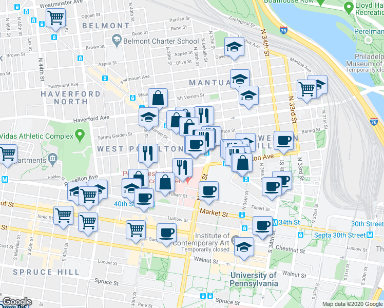 map of restaurants, bars, coffee shops, grocery stores, and more near 3839 Pearl Street in Philadelphia