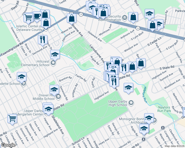 map of restaurants, bars, coffee shops, grocery stores, and more near 869 Windermere Avenue in Drexel Hill