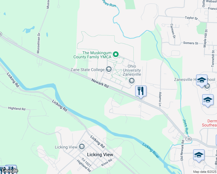 map of restaurants, bars, coffee shops, grocery stores, and more near 1556 Newark Road in Zanesville