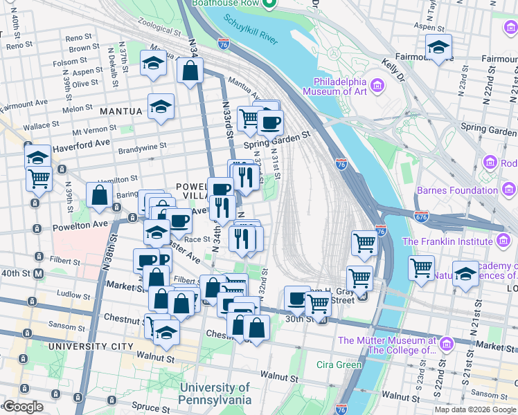 map of restaurants, bars, coffee shops, grocery stores, and more near 3218 Powelton Avenue in Philadelphia