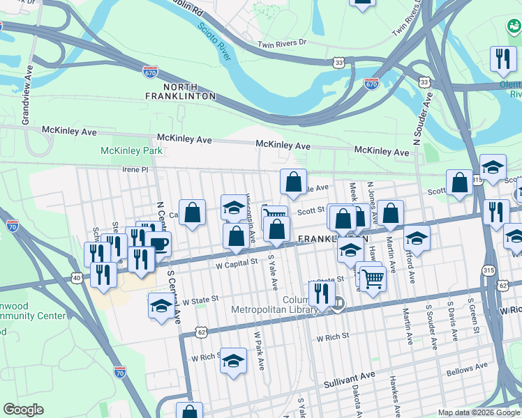 map of restaurants, bars, coffee shops, grocery stores, and more near 85 North Yale Avenue in Columbus