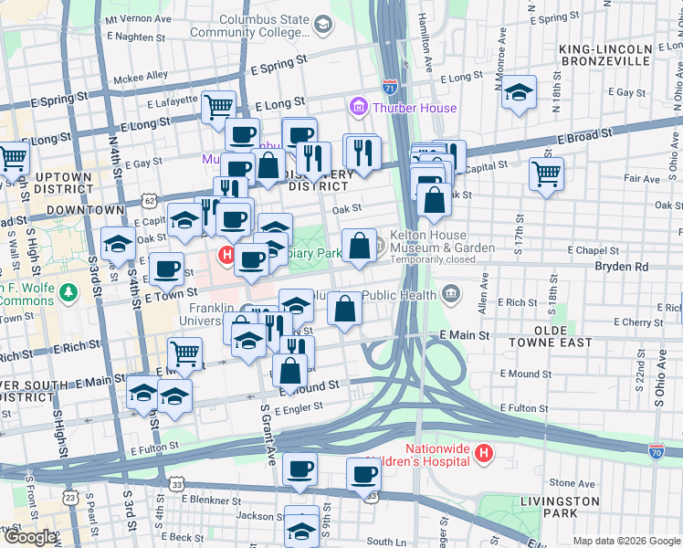 map of restaurants, bars, coffee shops, grocery stores, and more near 525 East Town Street in Columbus